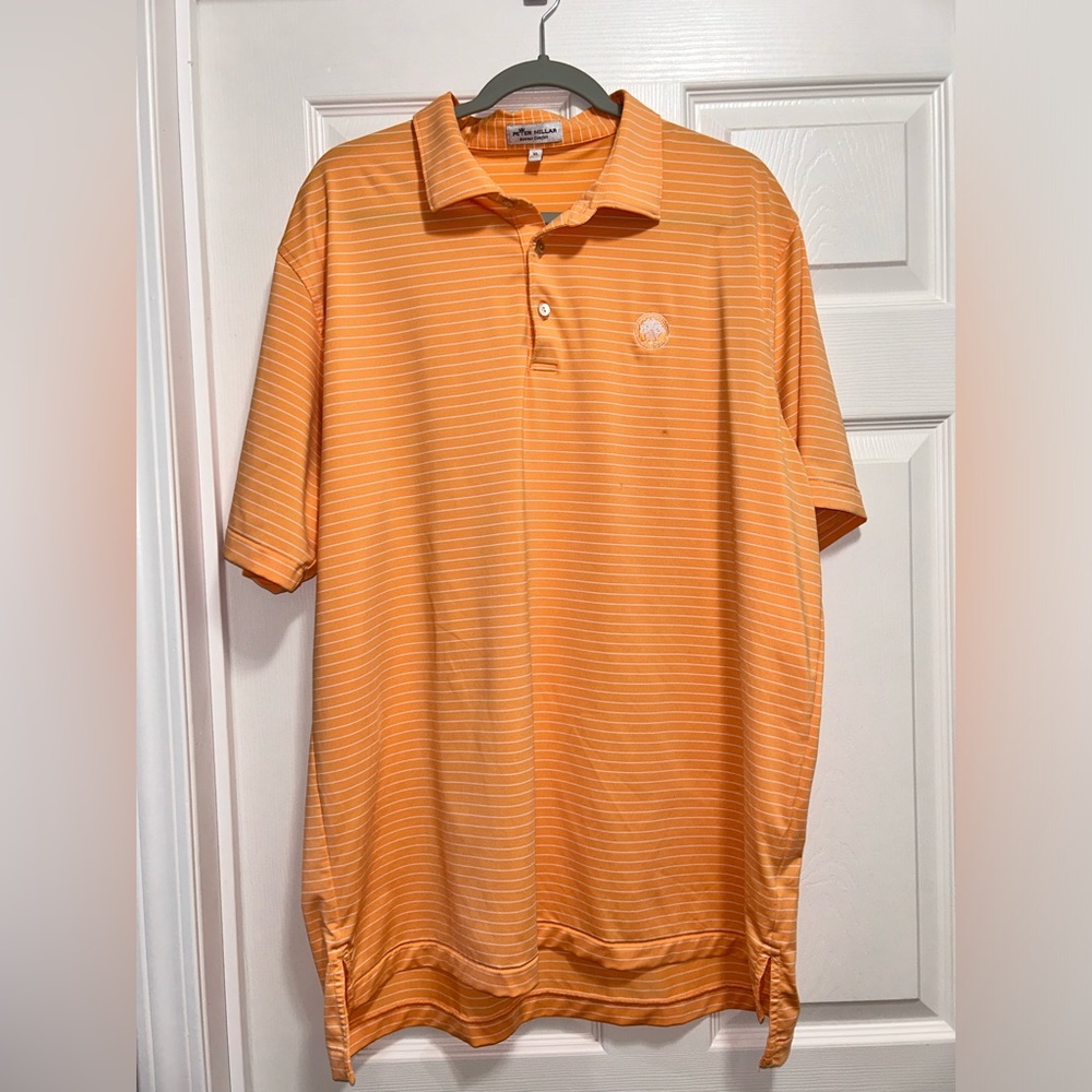 Peter Millar golf polo.Orange will white strips XL. (FLAWED) see pictures.